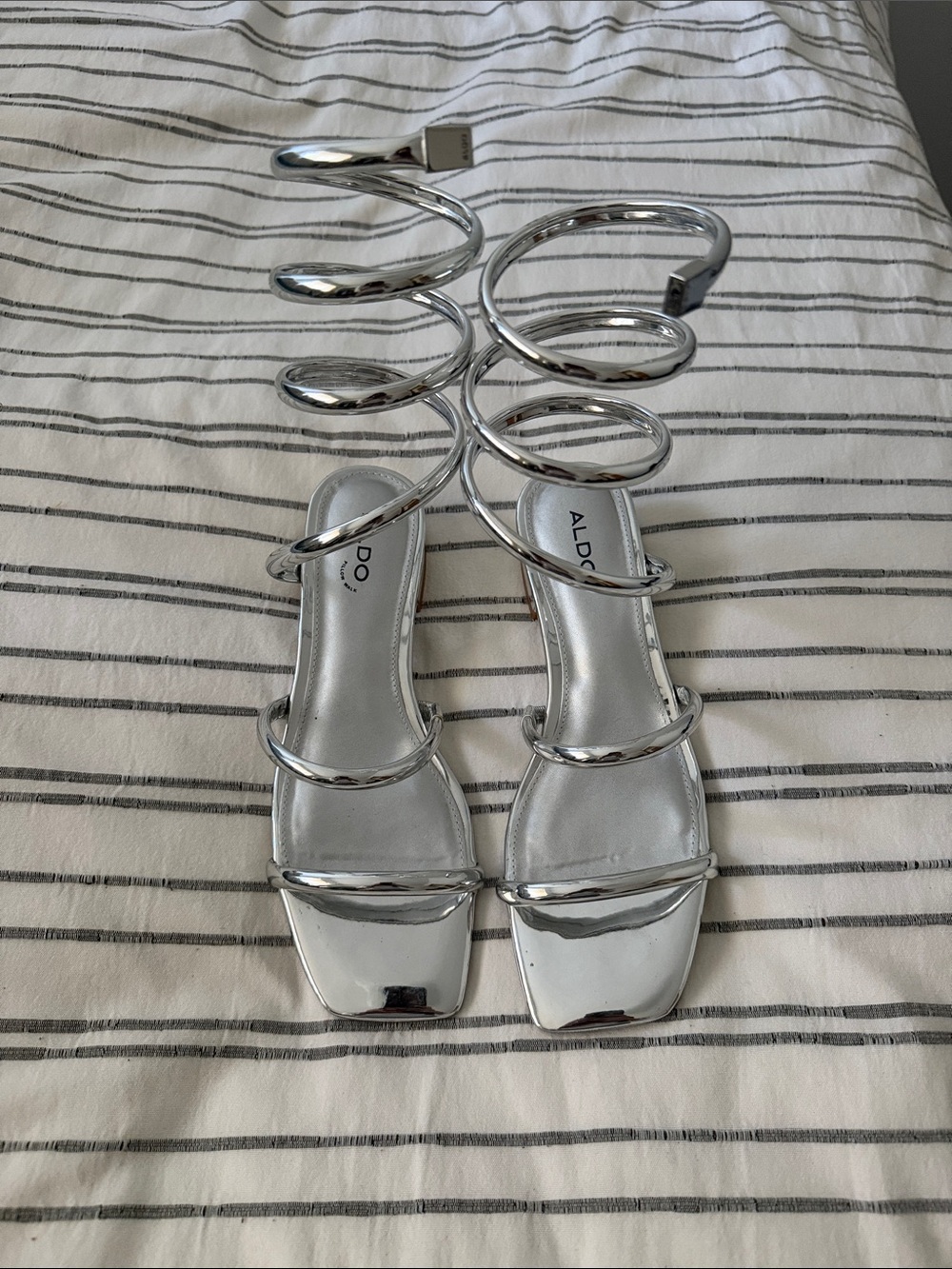 Metallic Spiral-Strap Silver Heeled Sandals